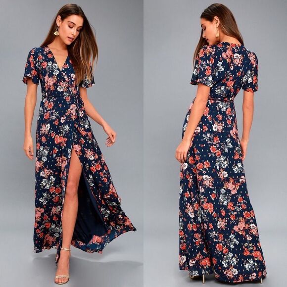 Lulus Divine Days Navy Blue Floral Print Wrap Maxi Dress Size Medium - Picture 1 of 13
